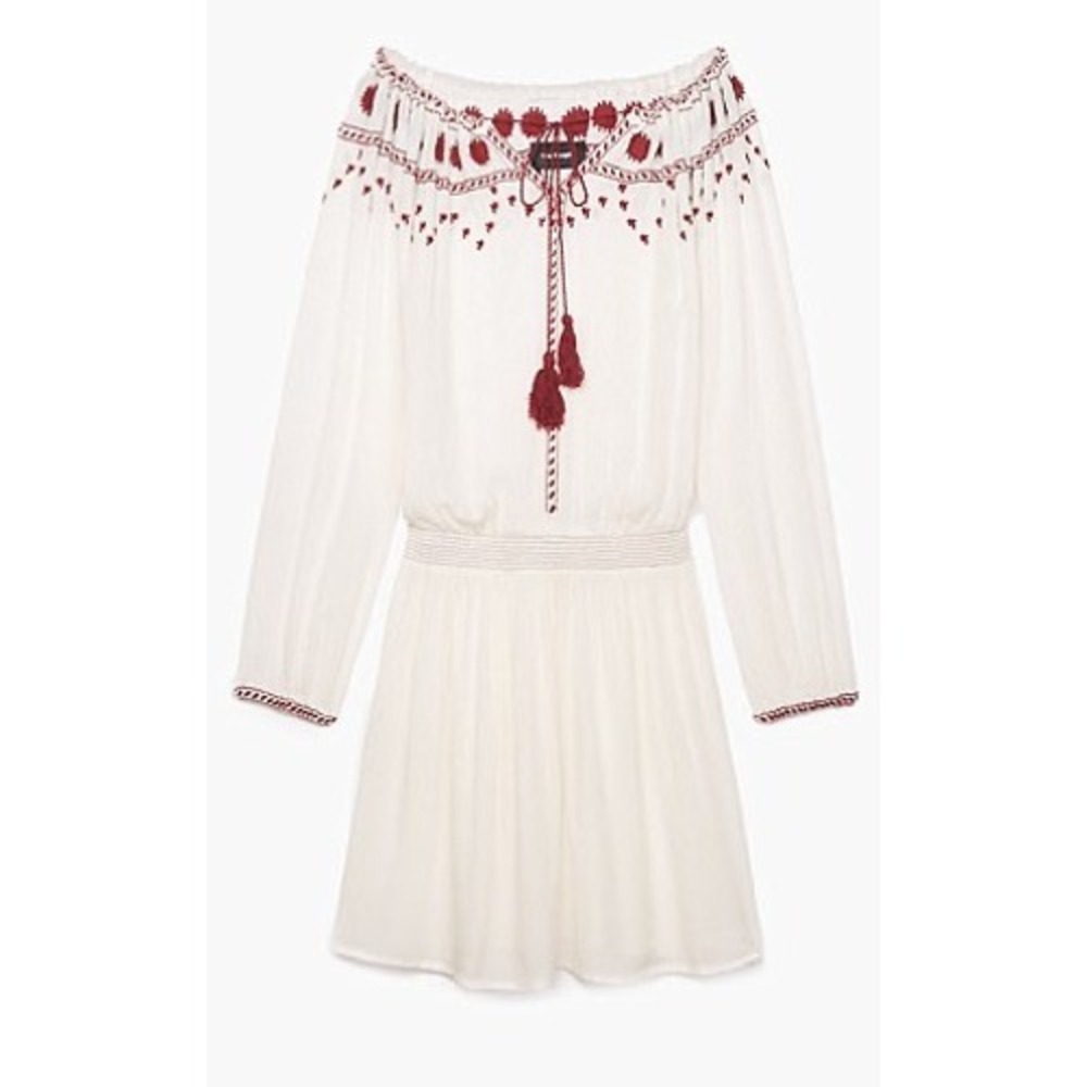 The Kooples Dress Sunrise White Embroidered Tassel Smocked Mini XS